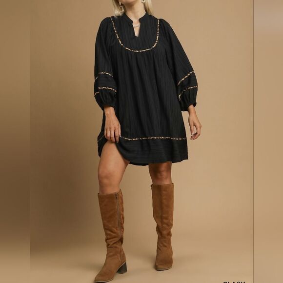 Umgee USA Umgee Ribbed Oversized Babydoll Dress Leopard Trim Sz  Md [6/8] - Picture 5 of 12